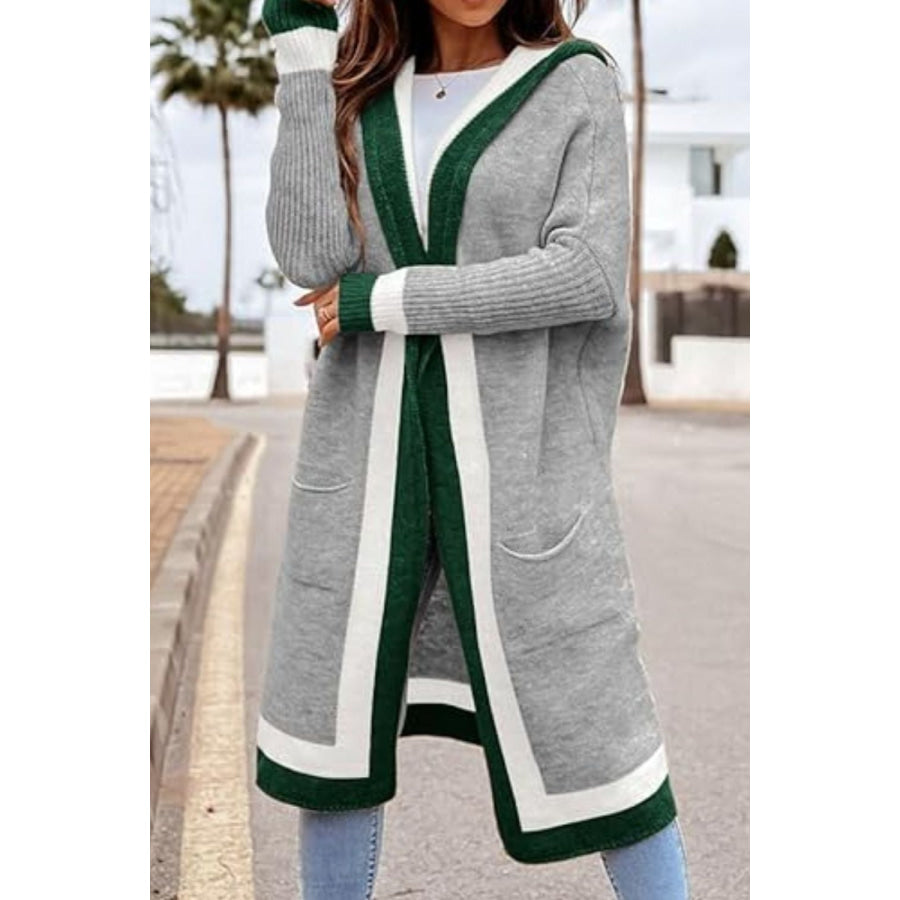 Pocketed Contrast Long Sleeve Hooded Cardigan Apparel and Accessories