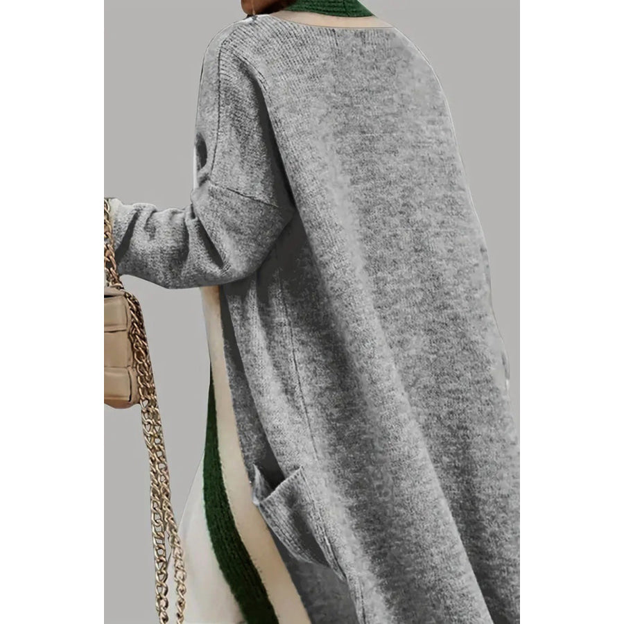 Pocketed Contrast Long Sleeve Hooded Cardigan Apparel and Accessories