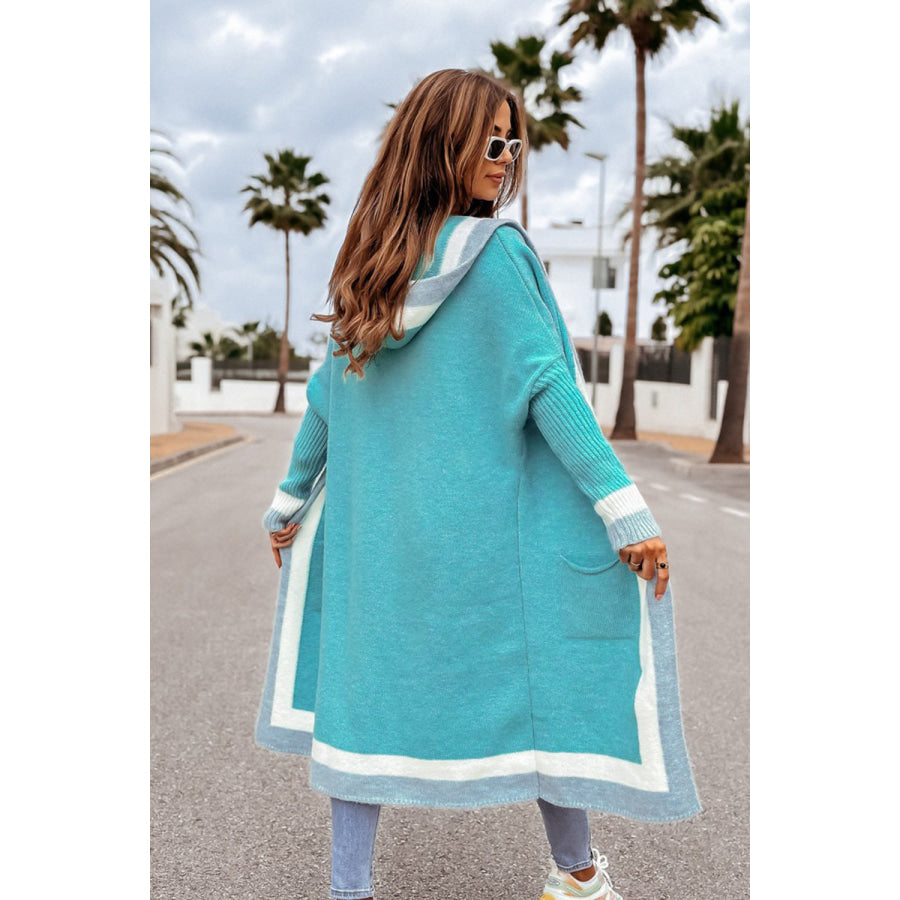 Pocketed Contrast Long Sleeve Hooded Cardigan Tiffany Blue / One Size Apparel and Accessories