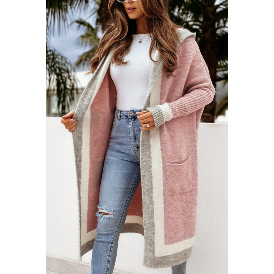 Pocketed Contrast Long Sleeve Hooded Cardigan Dusty Pink / One Size Apparel and Accessories