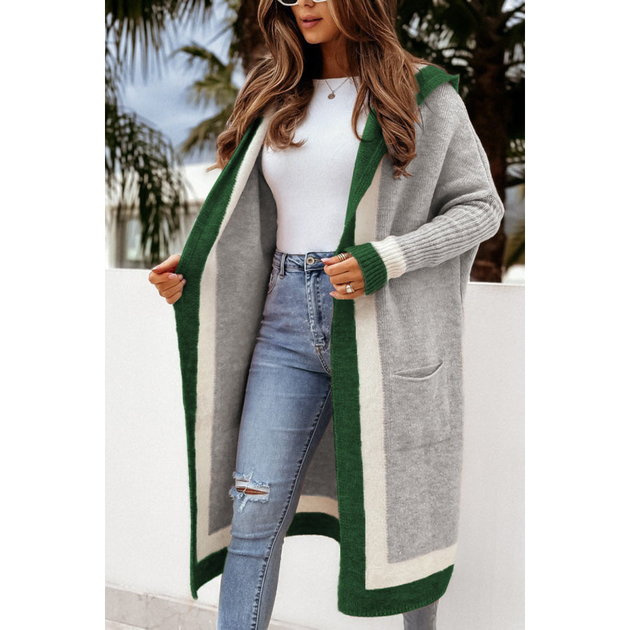 Pocketed Contrast Long Sleeve Hooded Cardigan Gray / One Size Apparel and Accessories