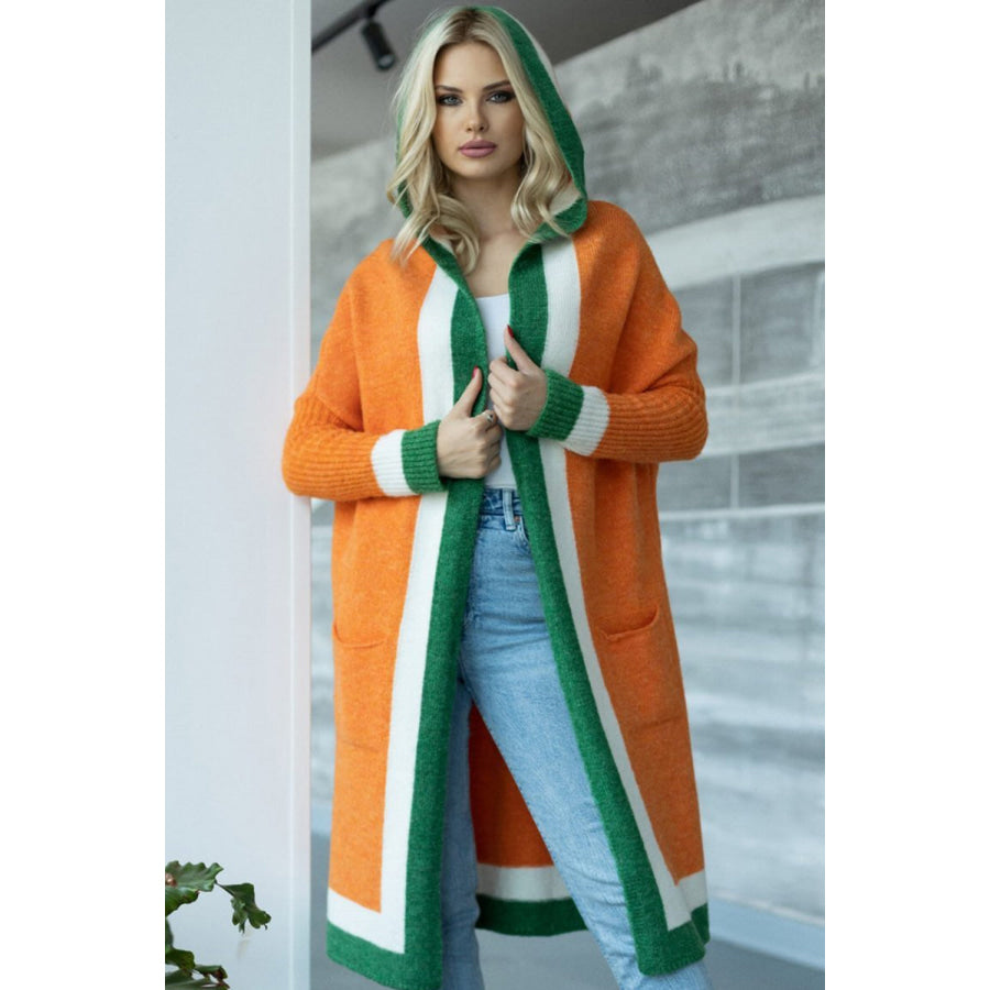 Pocketed Contrast Long Sleeve Hooded Cardigan Orange / One Size Apparel and Accessories