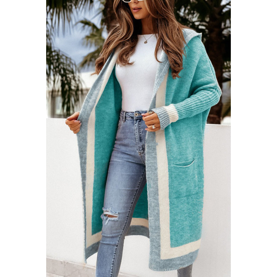 Pocketed Contrast Long Sleeve Hooded Cardigan Tiffany Blue / One Size Apparel and Accessories