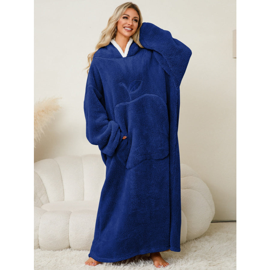 Pocketed Contrast Long Sleeve Hooded Lounge Dress Navy / One Size Apparel and Accessories