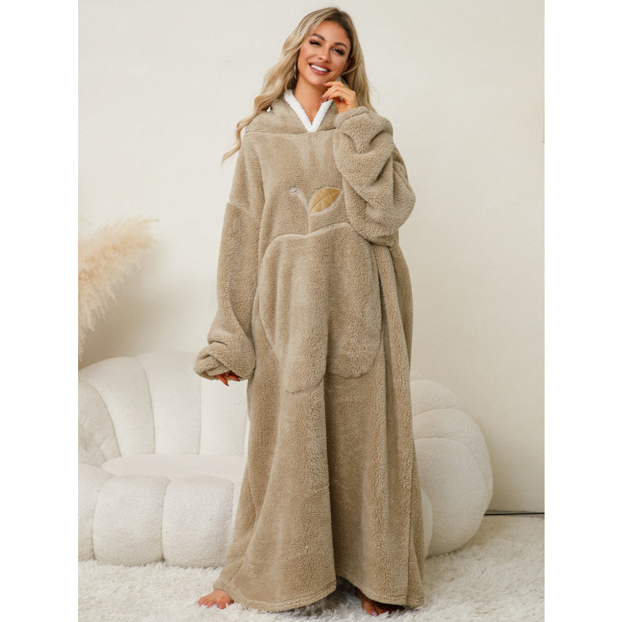 Pocketed Contrast Long Sleeve Hooded Lounge Dress Tan / One Size Apparel and Accessories