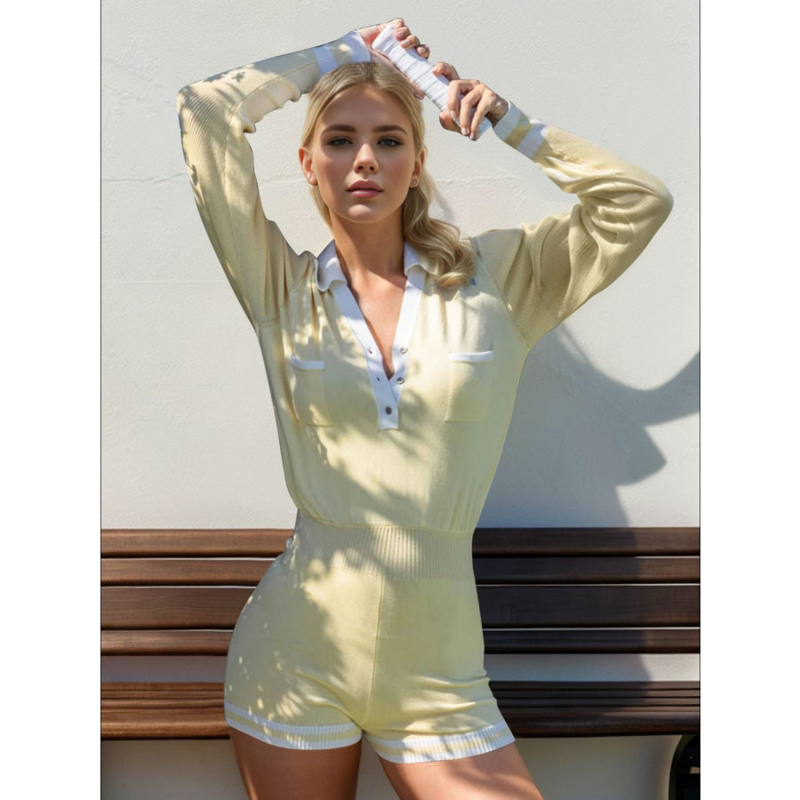 Pocketed Contrast Long Sleeve Romper Apparel and Accessories