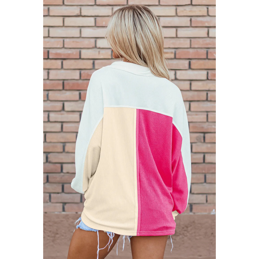 Pocketed Contrast Long Sleeve Sweatshirt Hot Pink / S Apparel and Accessories