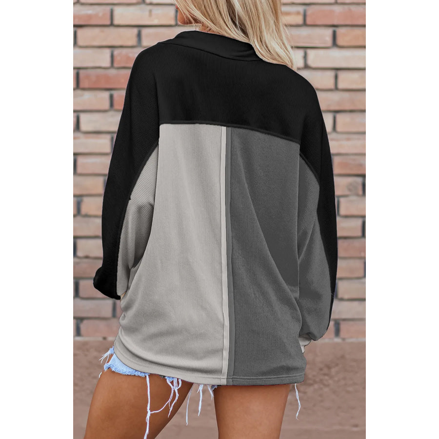 Pocketed Contrast Long Sleeve Sweatshirt Apparel and Accessories