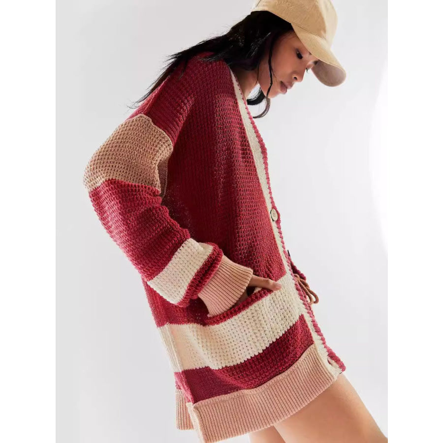 Pocketed Contrast V-Neck Long Sleeve Cardigan Scarlet / S Apparel and Accessories