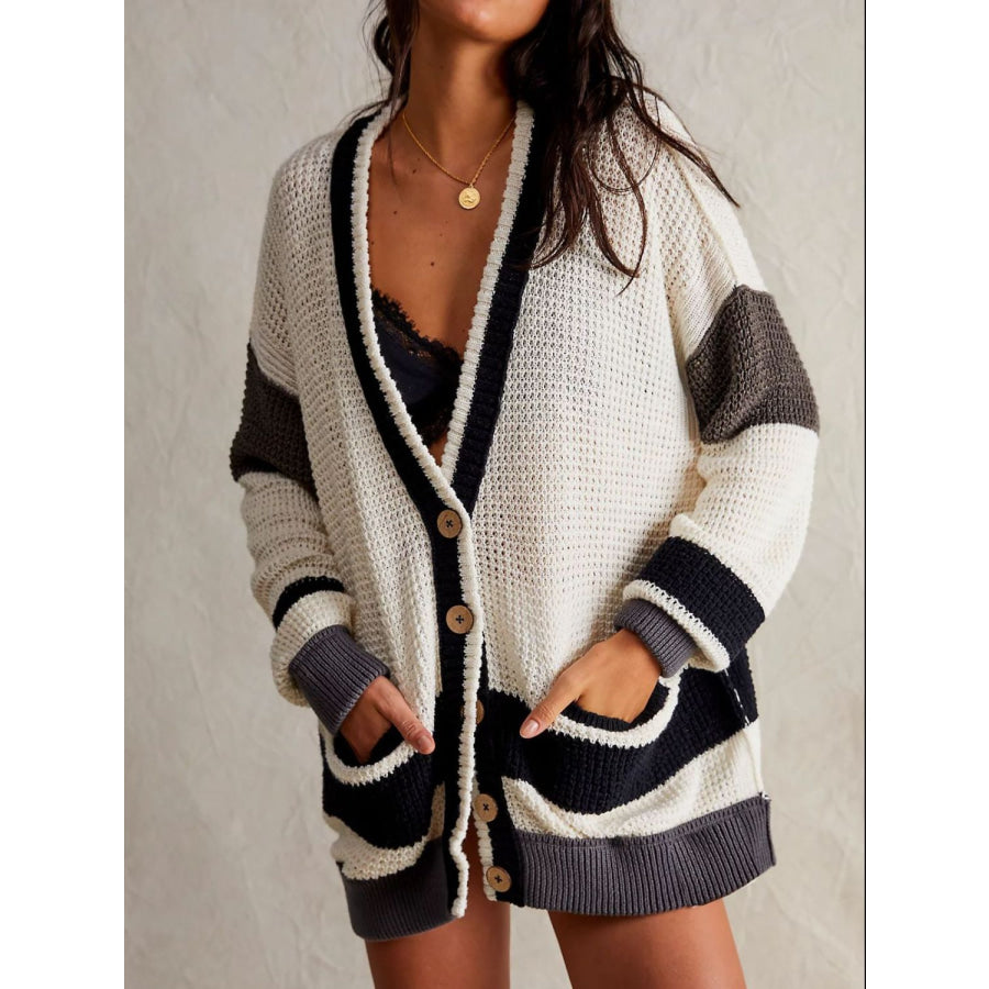 Pocketed Contrast V-Neck Long Sleeve Cardigan White / S Apparel and Accessories