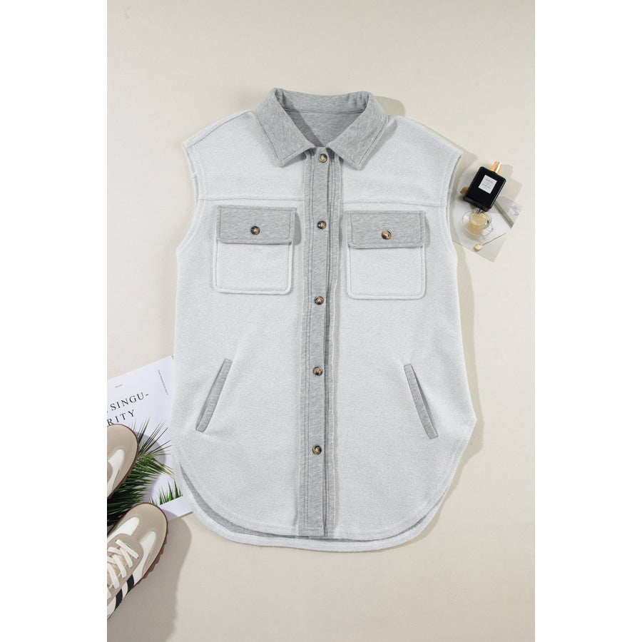 Pocketed Curved Hem Button Up Vest Apparel and Accessories