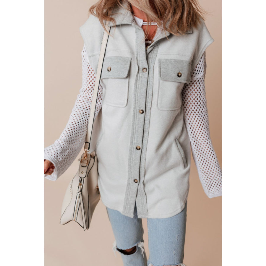 Pocketed Curved Hem Button Up Vest Apparel and Accessories