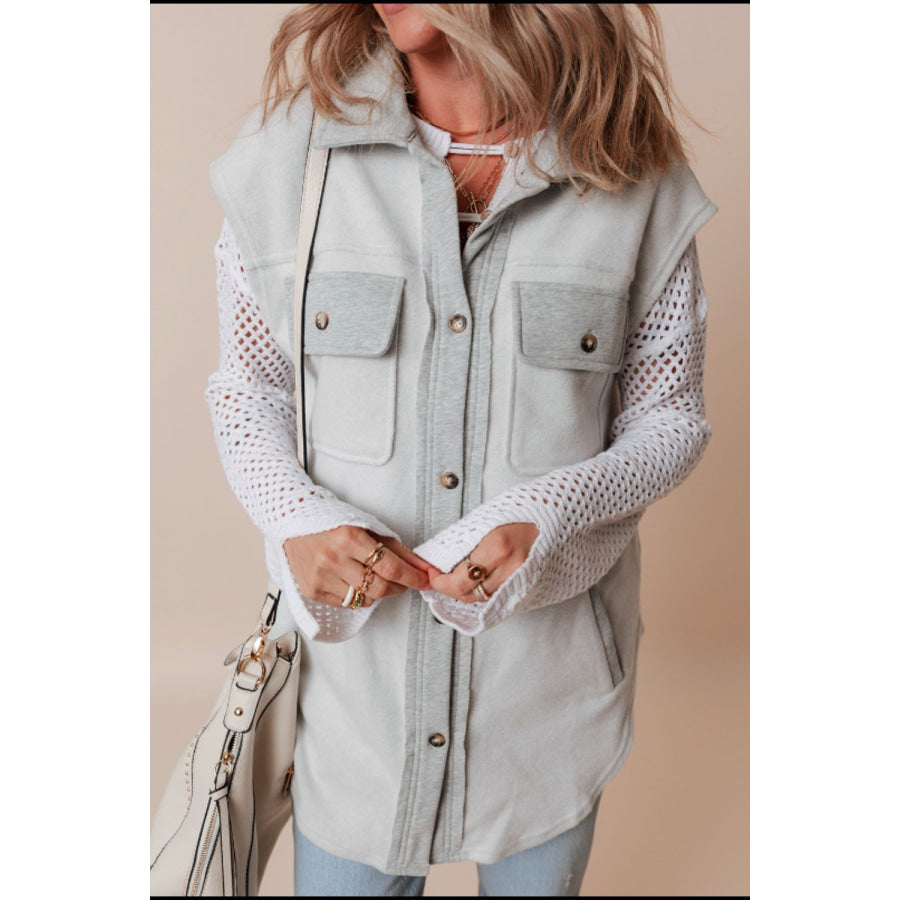 Pocketed Curved Hem Button Up Vest Apparel and Accessories