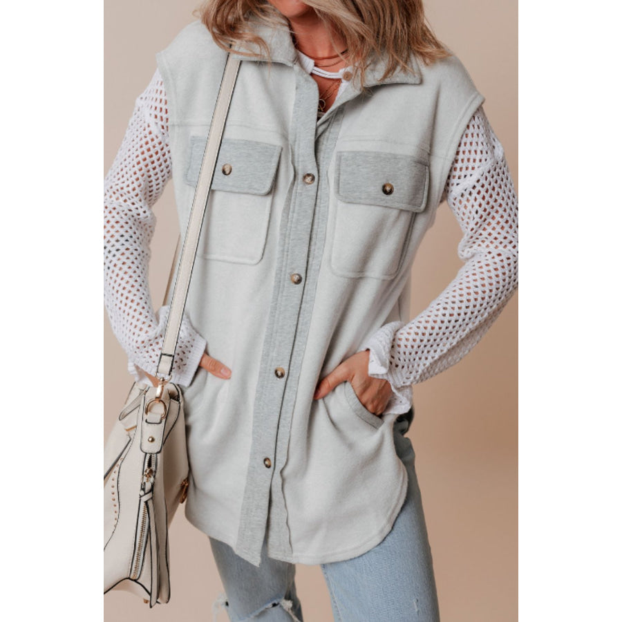 Pocketed Curved Hem Button Up Vest Apparel and Accessories