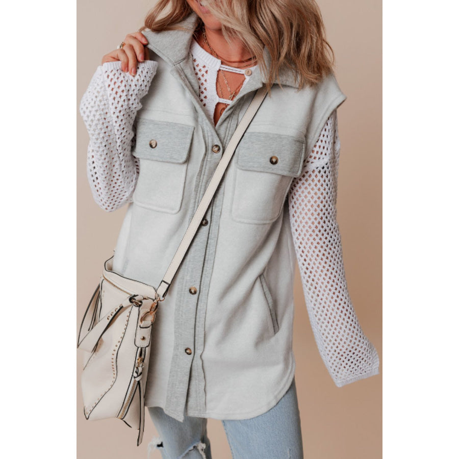 Pocketed Curved Hem Button Up Vest Light Gray / S Apparel and Accessories