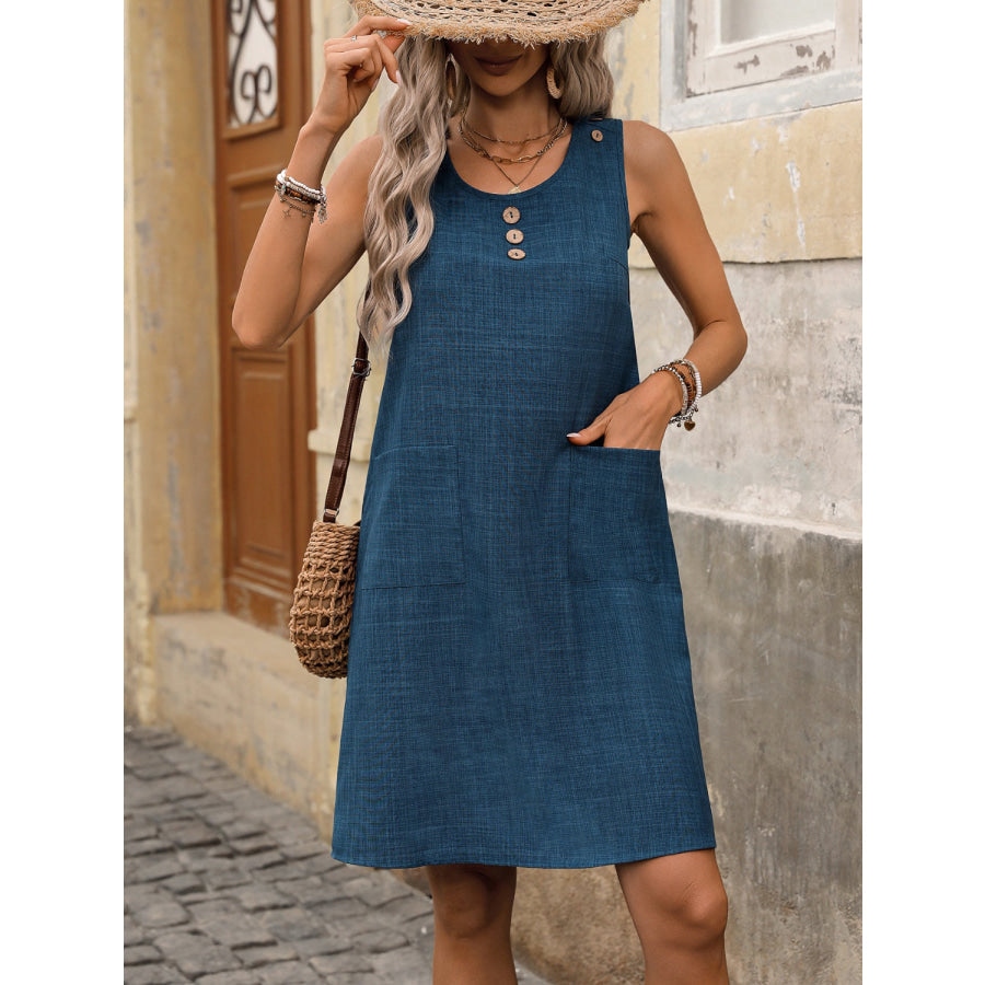 Pocketed Decorative Button Sleeveless Dress Navy / S Apparel and Accessories