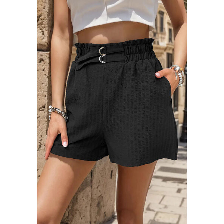 Pocketed Double Buckle High Waist Shorts Black / M Apparel and Accessories