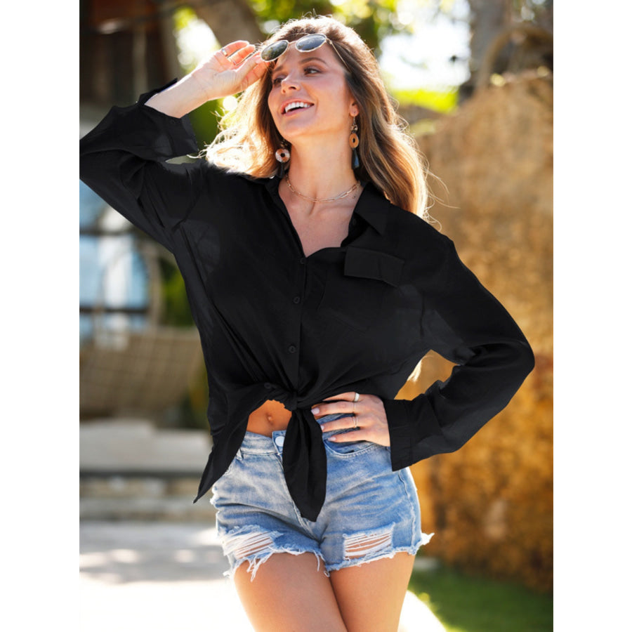Pocketed Dropped Shoulder Cover Up Black / One Size Apparel and Accessories