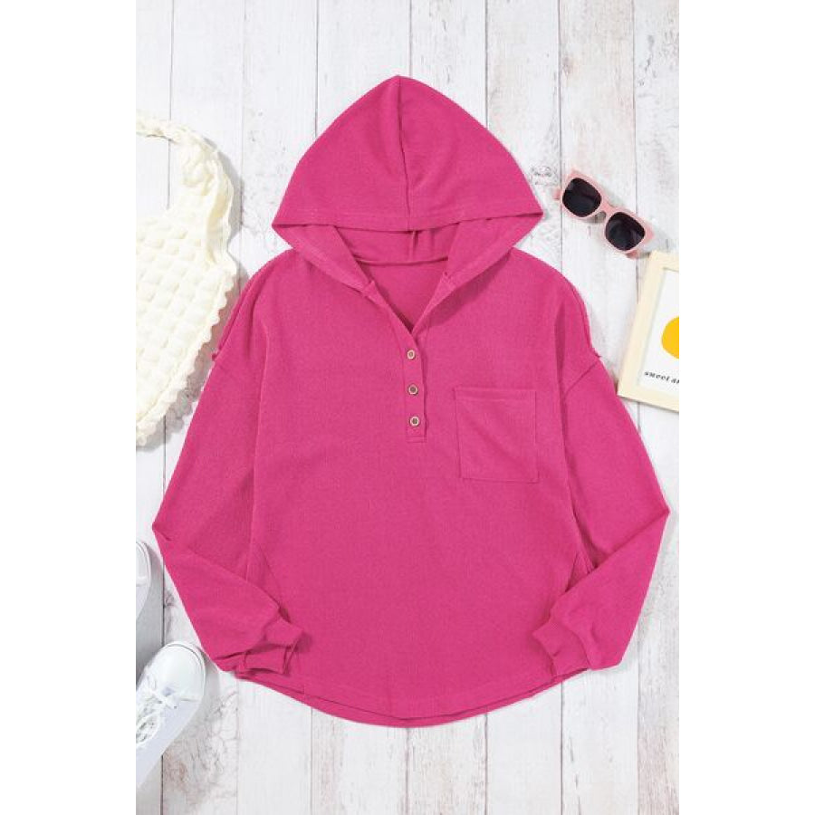 Pocketed Dropped Shoulder Long Sleeve Hoodie Cerise / S Apparel and Accessories