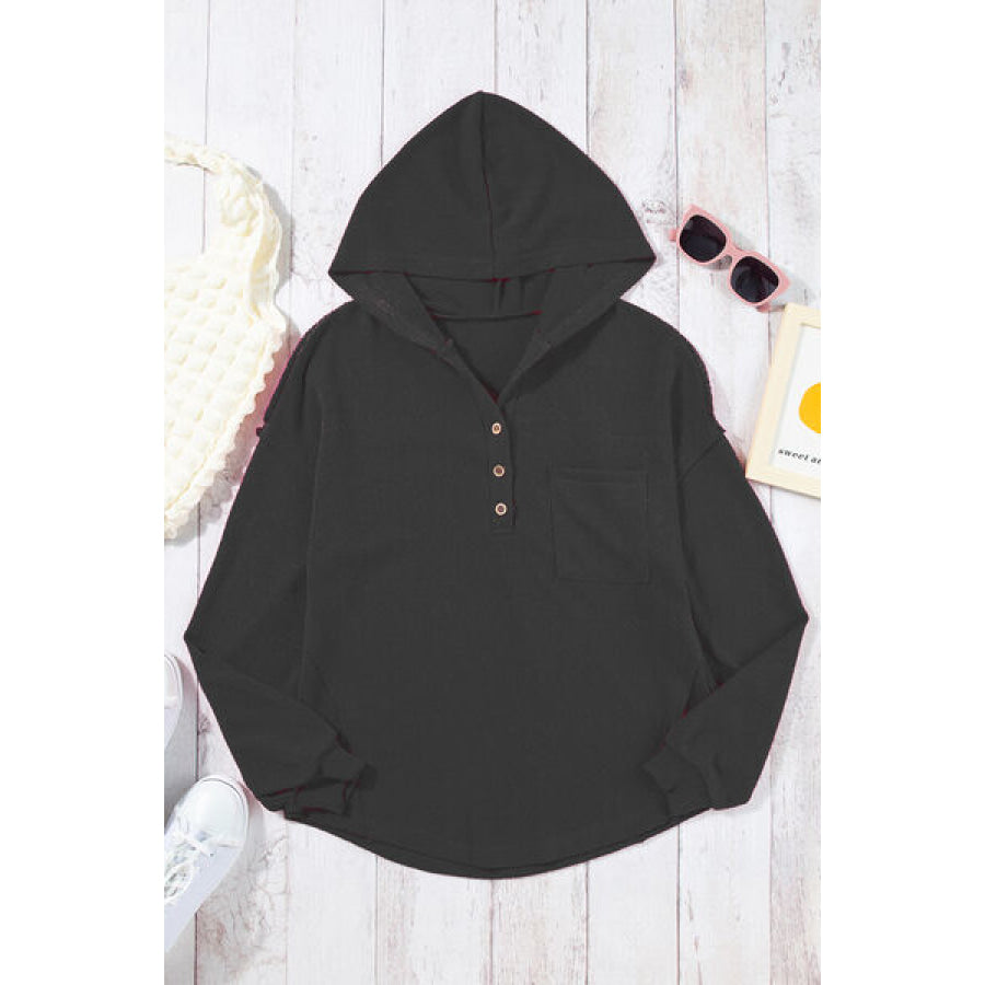 Pocketed Dropped Shoulder Long Sleeve Hoodie Black / S Apparel and Accessories