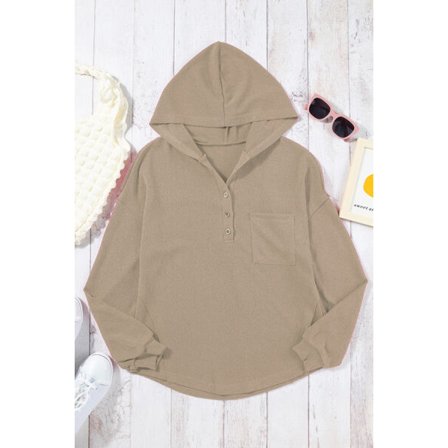 Pocketed Dropped Shoulder Long Sleeve Hoodie Khaki / S Apparel and Accessories