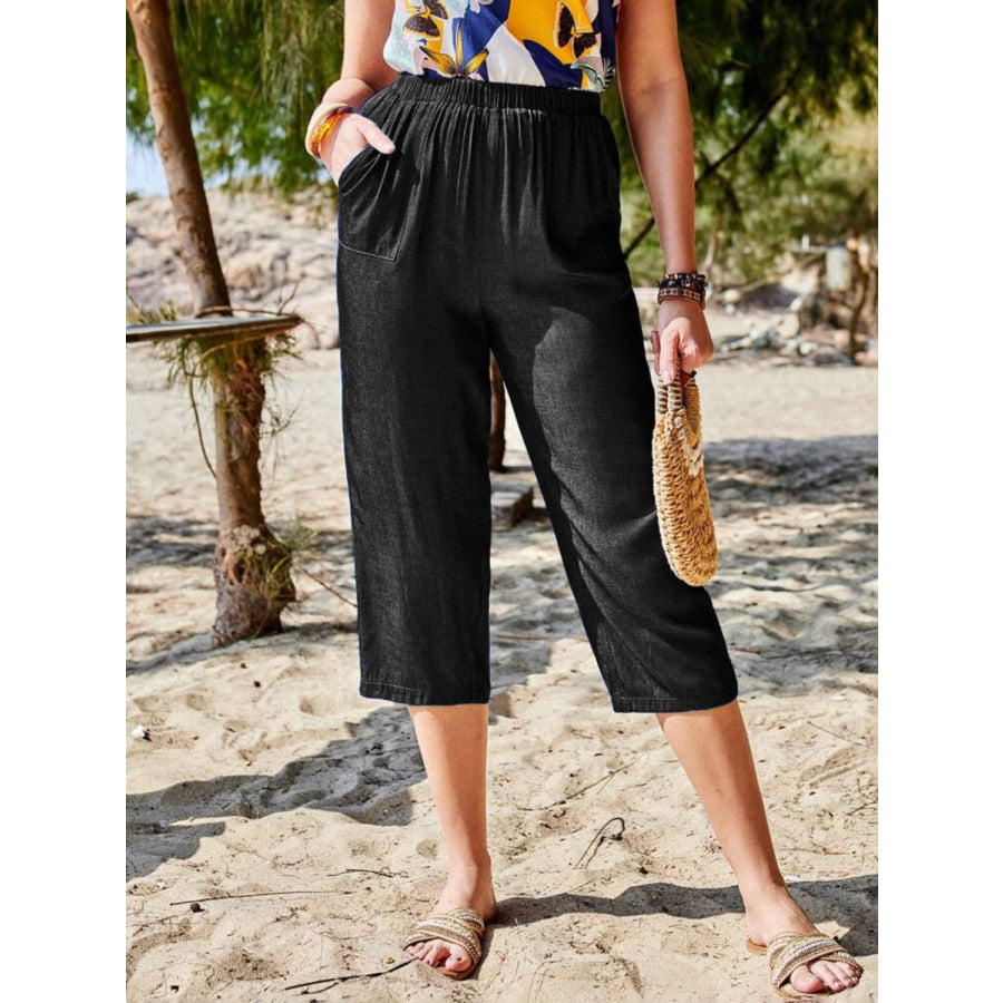 Pocketed Elastic Waist Capris Black / S Apparel and Accessories