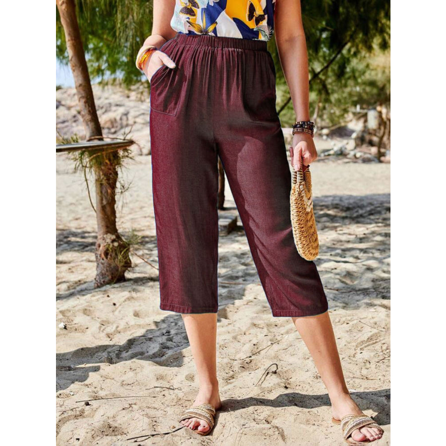 Pocketed Elastic Waist Capris Burgundy / S Apparel and Accessories