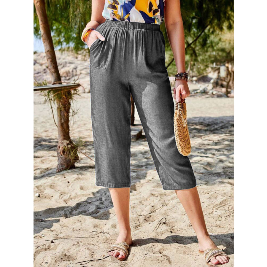 Pocketed Elastic Waist Capris Dark Gray / S Apparel and Accessories