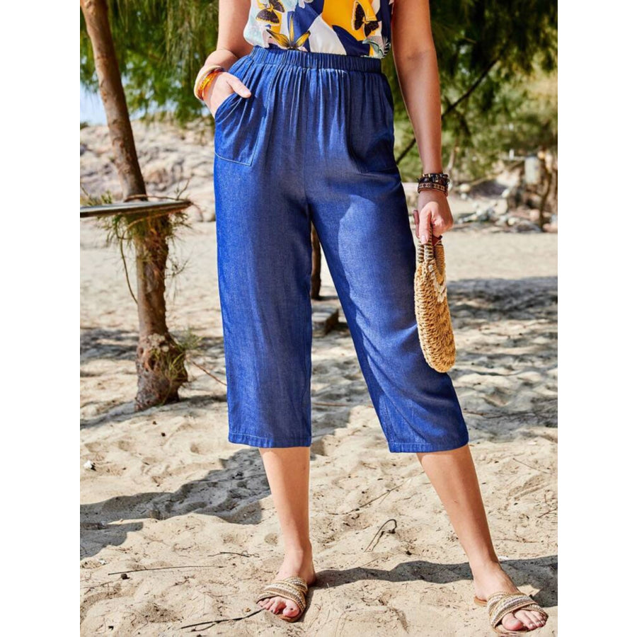 Pocketed Elastic Waist Capris Royal Blue / S Apparel and Accessories