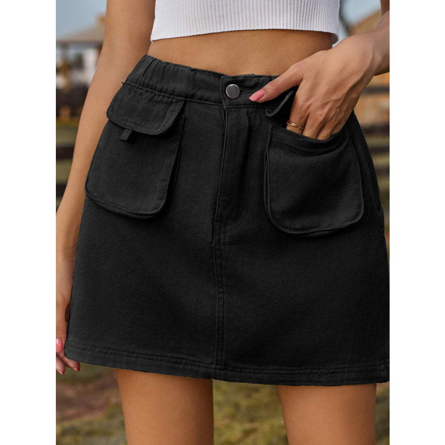Pocketed Elastic Waist Denim Skirt Black / S Apparel and Accessories
