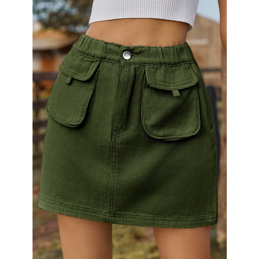 Pocketed Elastic Waist Denim Skirt Green / S Apparel and Accessories