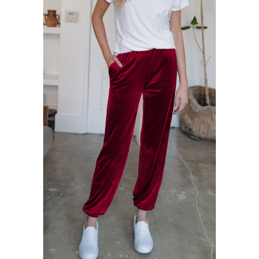 Pocketed Elastic Waist Joggers Burgundy / S Apparel and Accessories