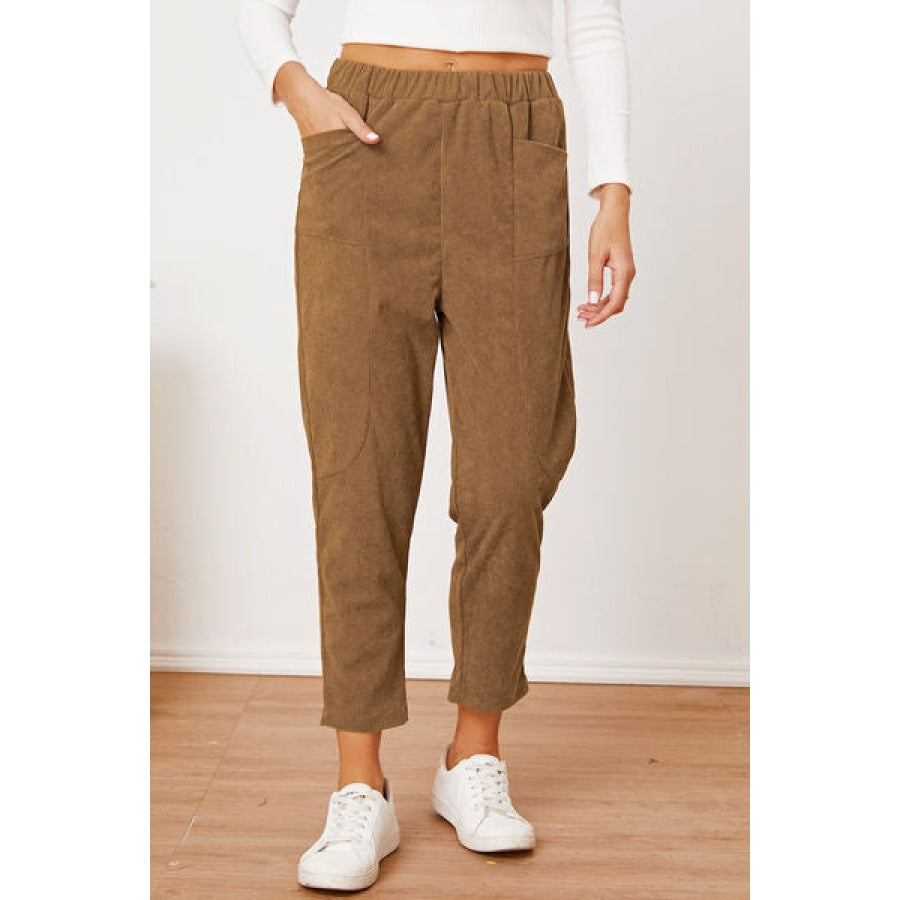 Pocketed Elastic Waist Pants Camel / S Clothing