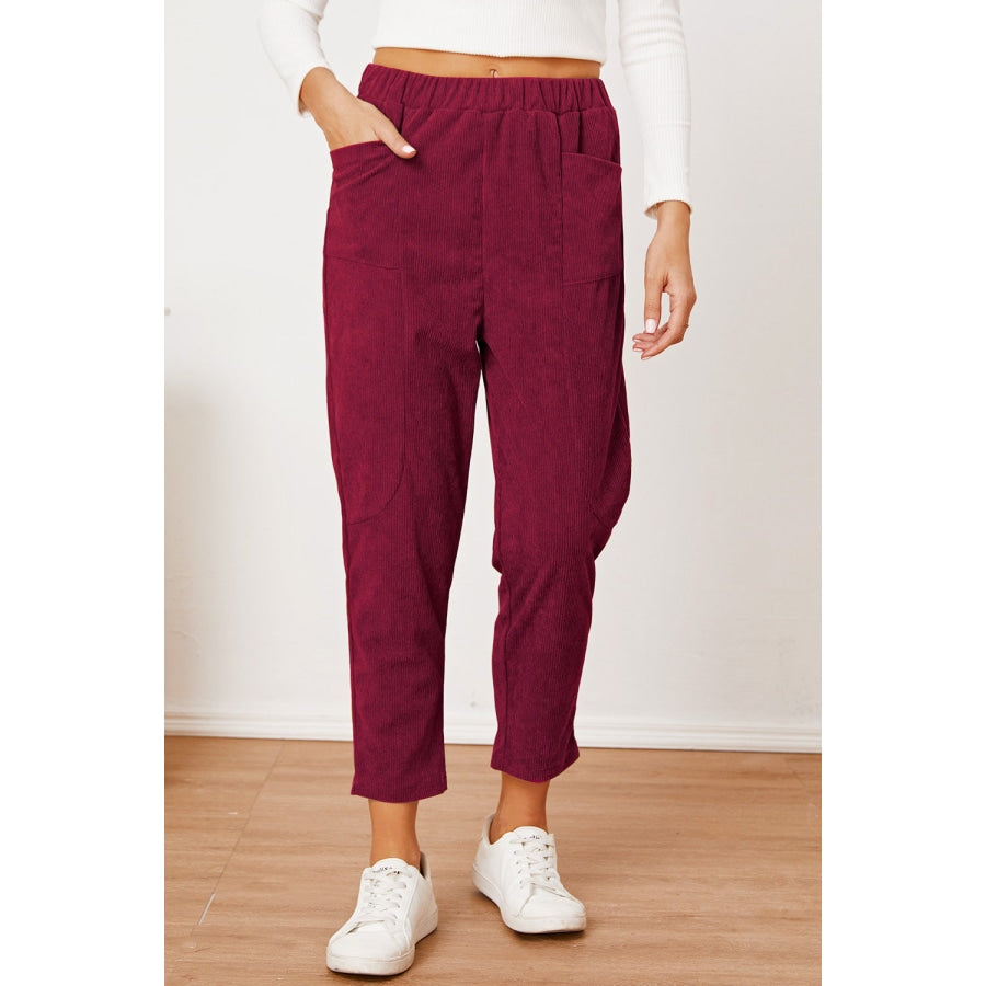 Pocketed Elastic Waist Pants Deep Rose / L Clothing