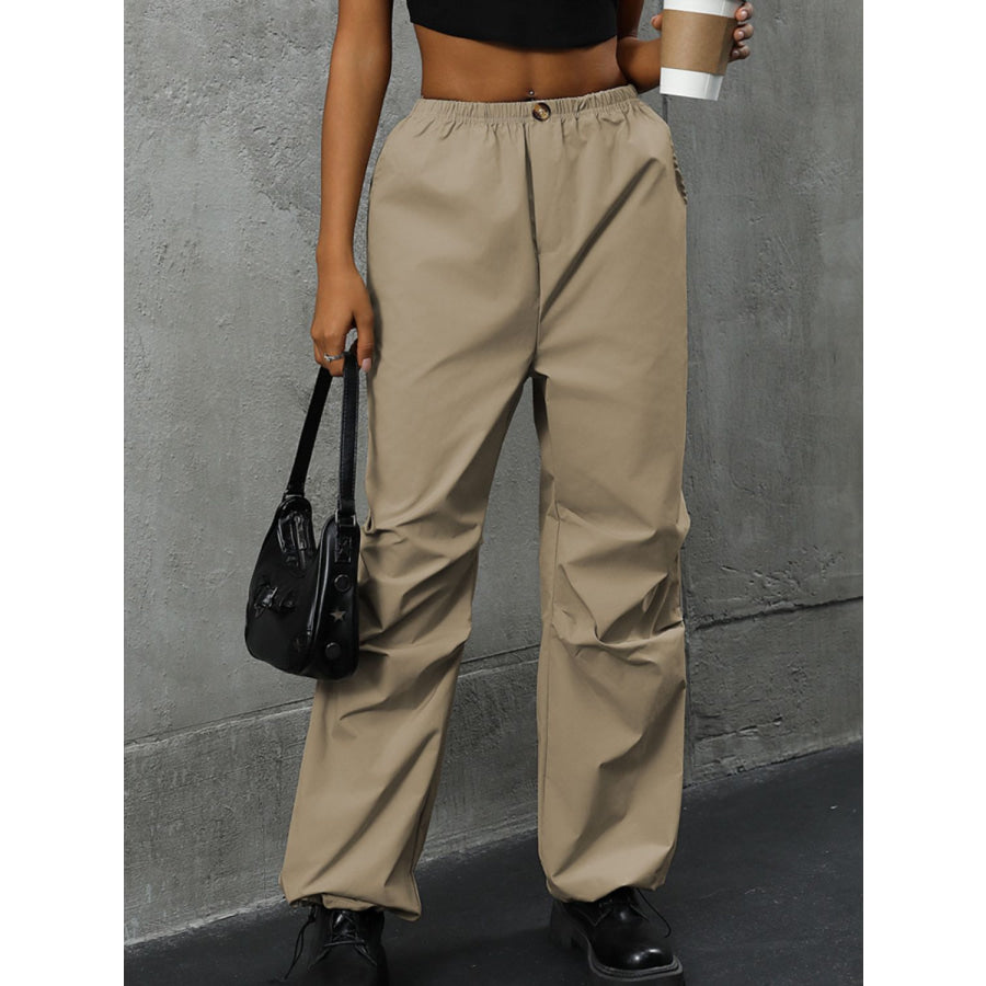 Pocketed Elastic Waist Pants Khaki / S Apparel and Accessories