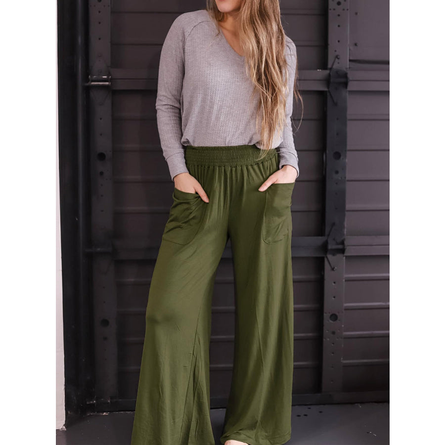 Pocketed Elastic Waist Wide Leg Pants Apparel and Accessories