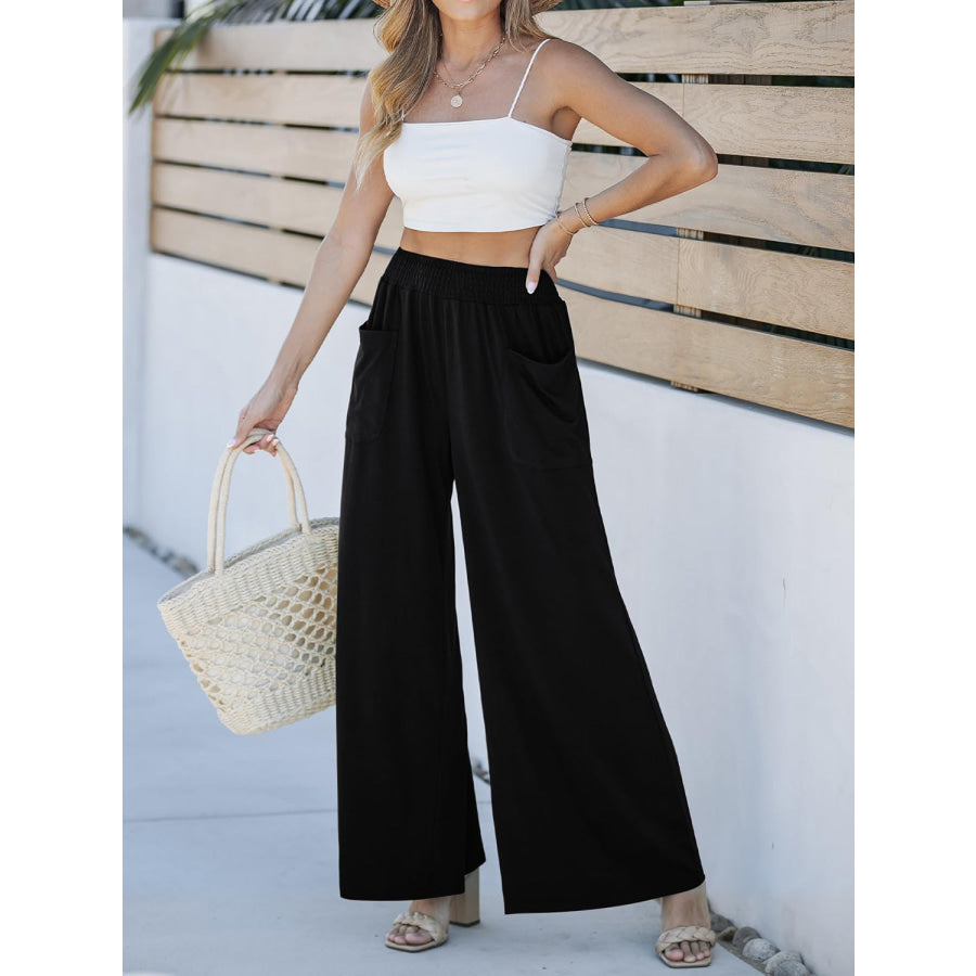 Pocketed Elastic Waist Wide Leg Pants Apparel and Accessories