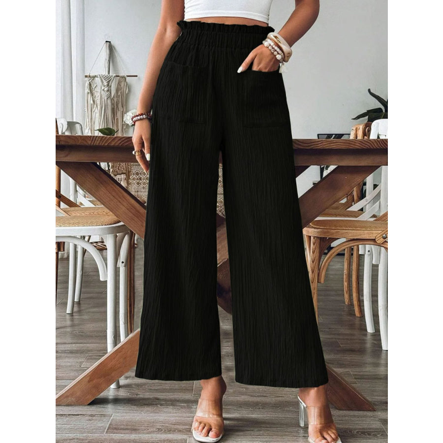 Pocketed Elastic Waist Wide Leg Pants Black / XL Apparel and Accessories