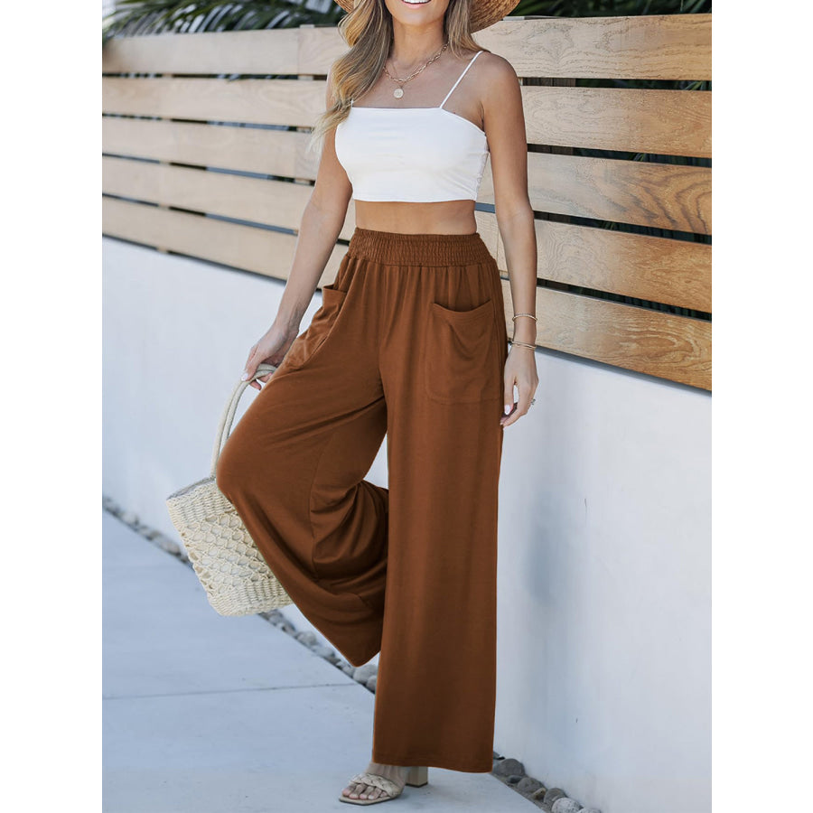 Pocketed Elastic Waist Wide Leg Pants Caramel / S Apparel and Accessories