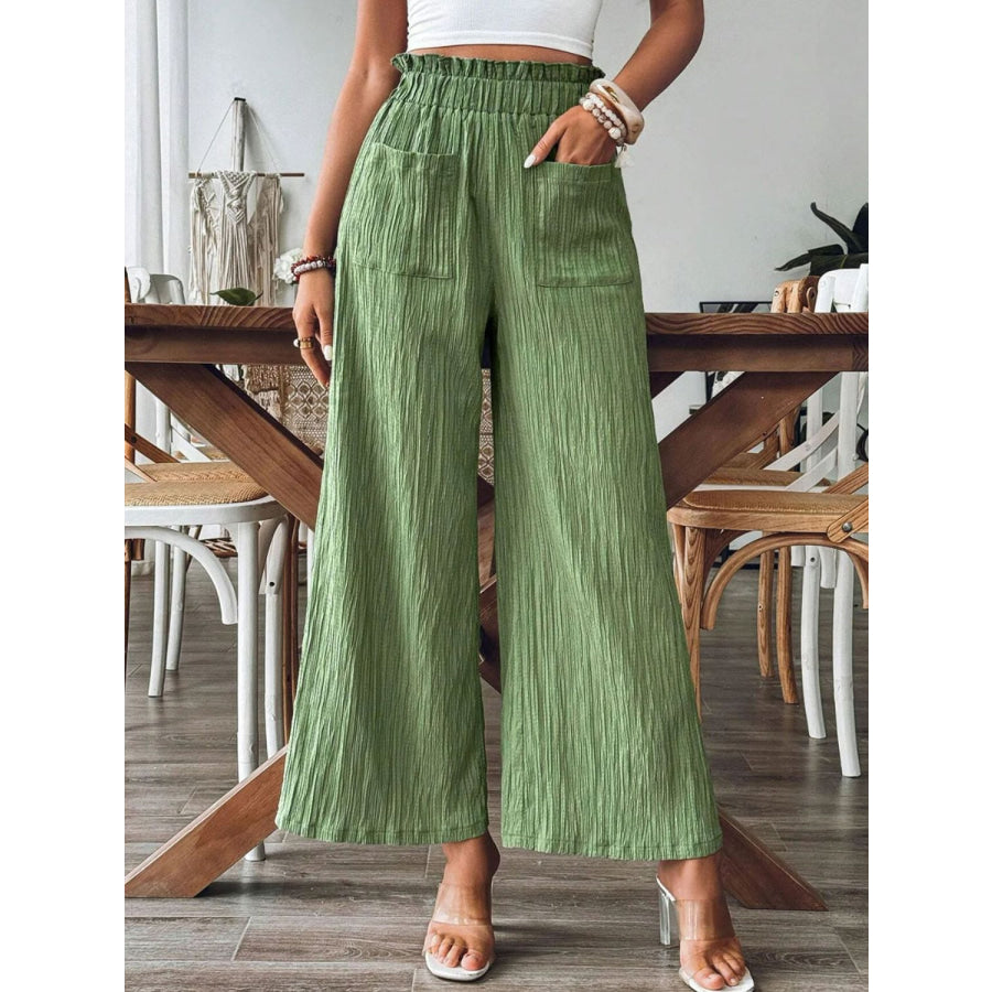 Pocketed Elastic Waist Wide Leg Pants Green / S Apparel and Accessories