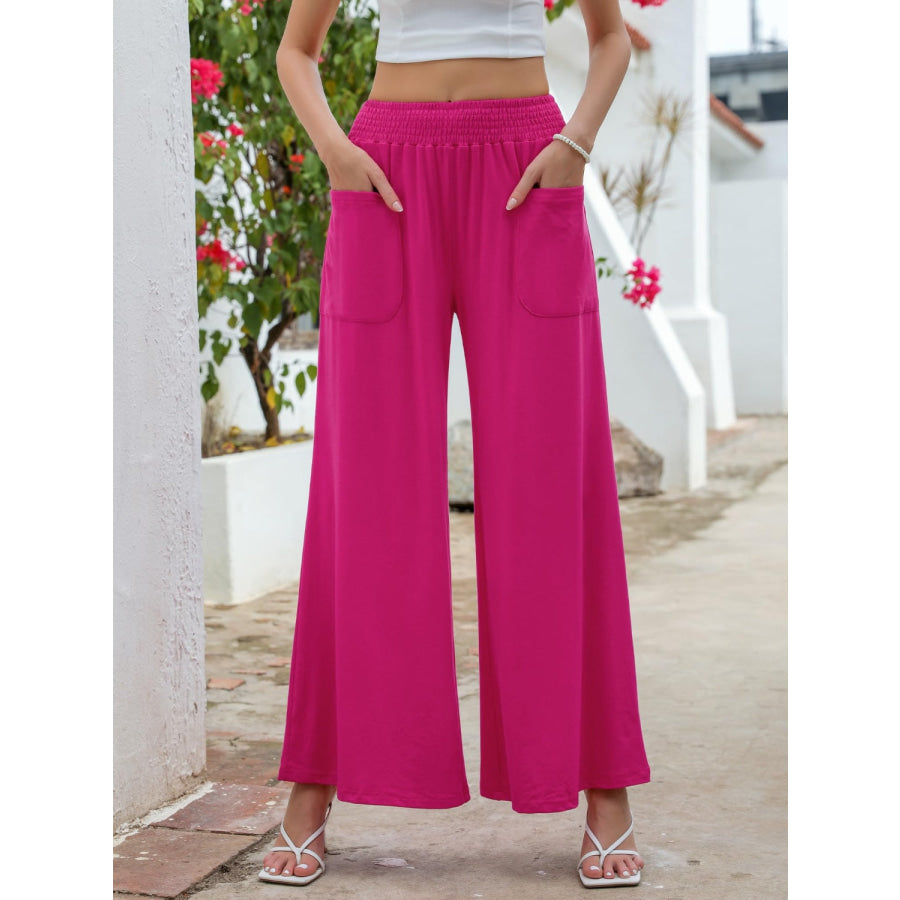 Pocketed Elastic Waist Wide Leg Pants Hot Pink / S Apparel and Accessories