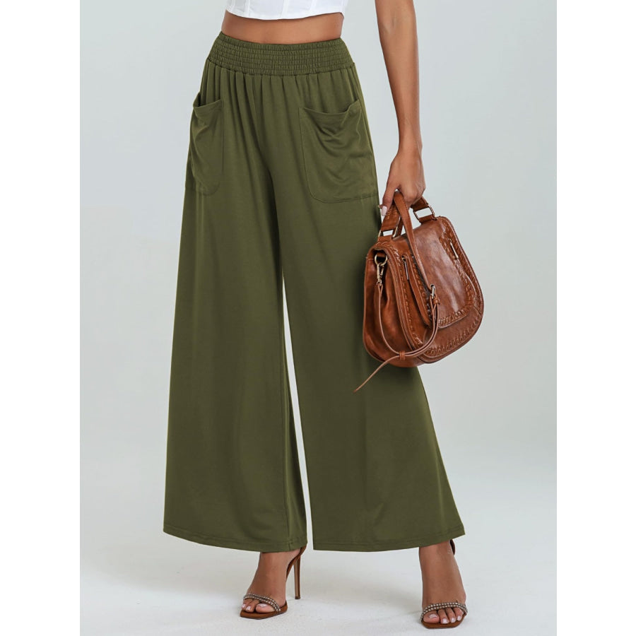 Pocketed Elastic Waist Wide Leg Pants Moss / S Apparel and Accessories