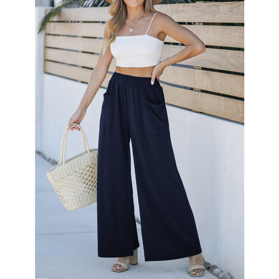 Pocketed Elastic Waist Wide Leg Pants Navy / S Apparel and Accessories