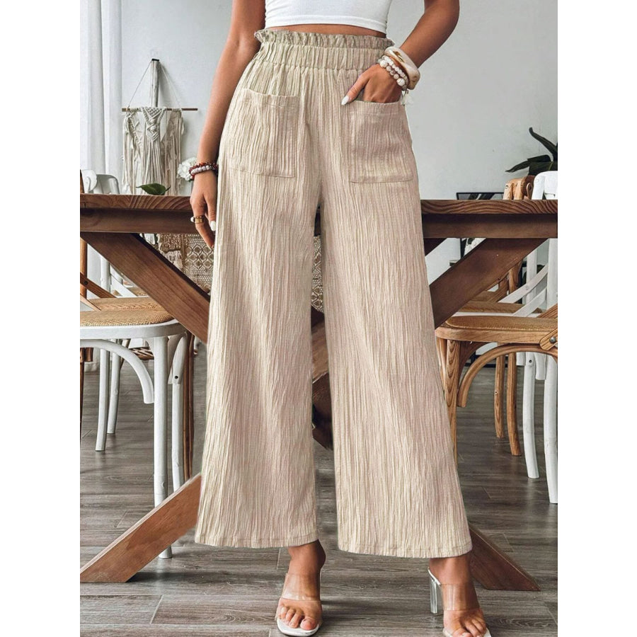 Pocketed Elastic Waist Wide Leg Pants Tan / L Apparel and Accessories