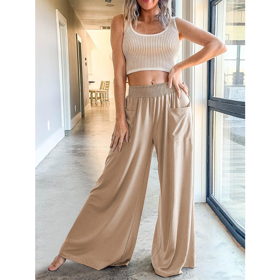 Pocketed Elastic Waist Wide Leg Pants Tan / S Apparel and Accessories