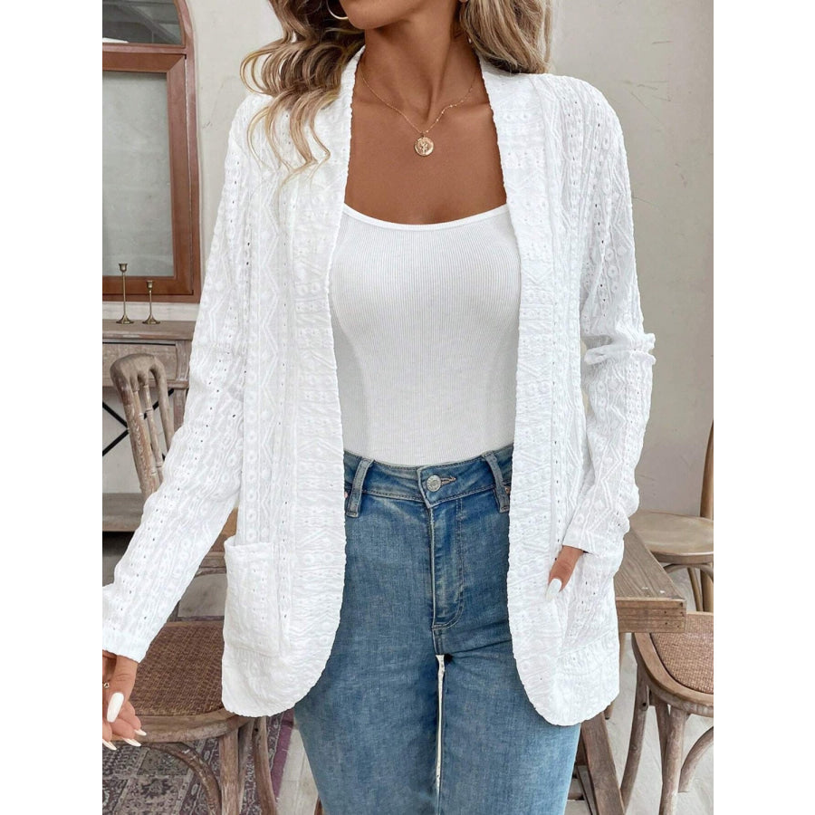 Pocketed Eyelet Open Front Cover Up White / S Apparel and Accessories