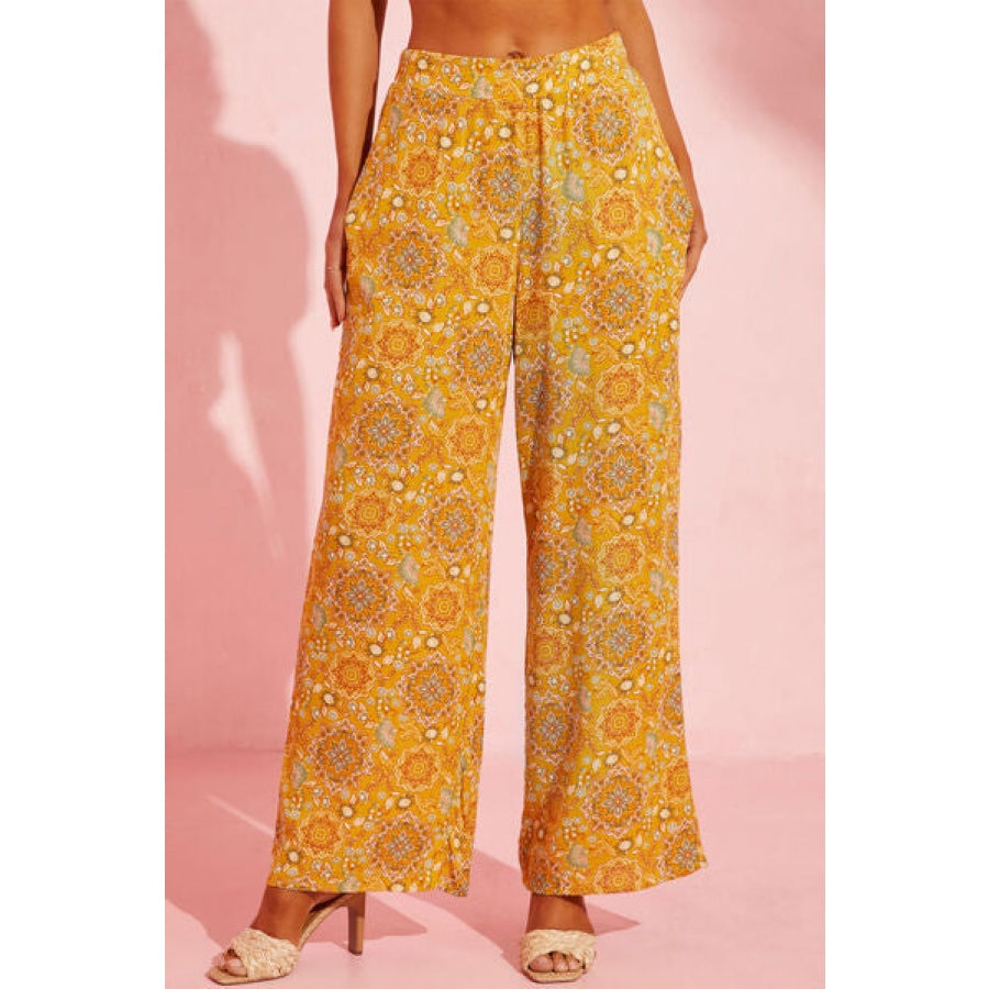 Pocketed Floral Wide Leg Pants Mustard / S Clothing