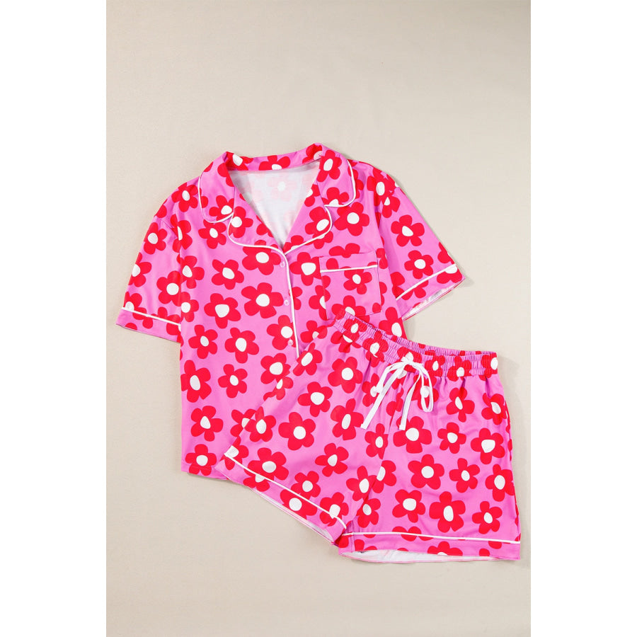 Pocketed Flower Half Sleeve Top and Shorts Lounge Set Hot Pink / S Apparel and Accessories