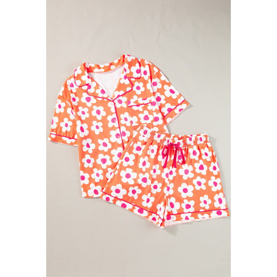 Pocketed Flower Half Sleeve Top and Shorts Lounge Set Orange / M Apparel and Accessories