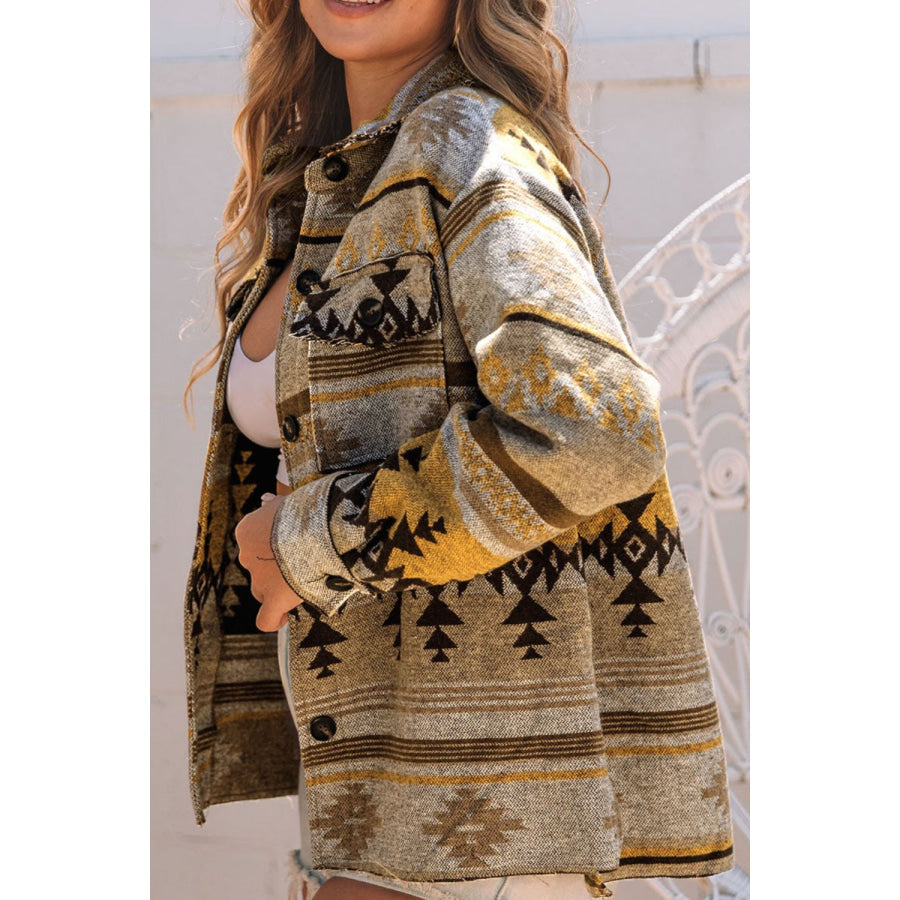 Pocketed Geometric Collared Neck Jacket Camel / S Apparel and Accessories